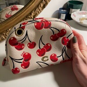Coach Cherry Print Cream Leather Shoulder & Cosmetic Bag